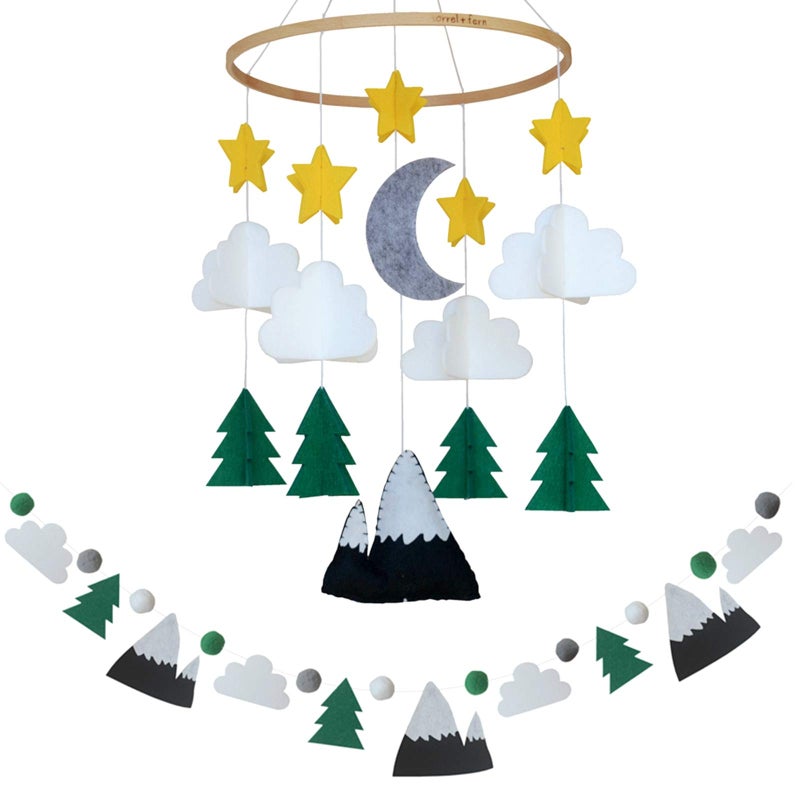 Sorrel + Fern Baby Crib Mobile (Starry Woodland Night w/Garland  Evergreen) - Nursery Decoration Crib Mobile and Baby Shower Gift for Boys & Girls - Image 1